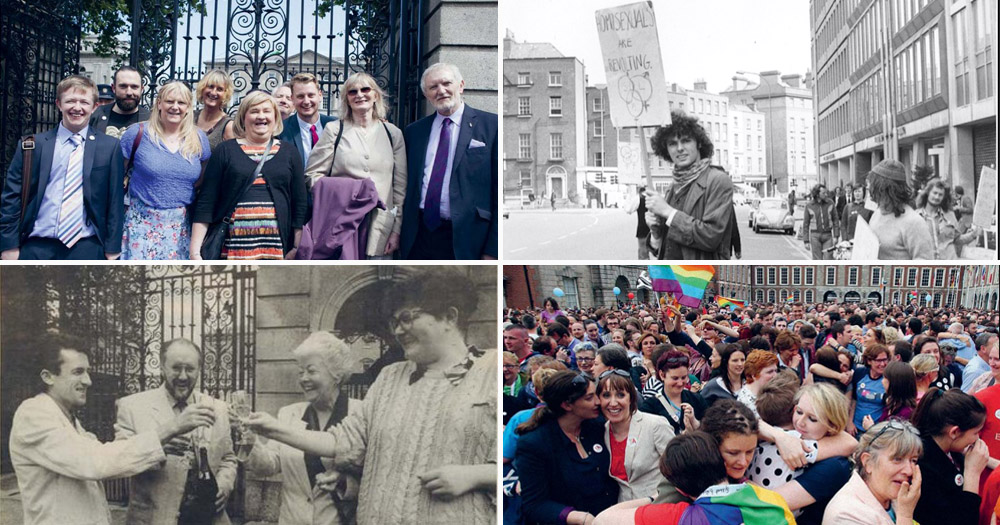 The image shows four key scenes from Irish LGBTQ+ history. on the top left are a group of trans people photographed outside the Dail after the passing of Gender Recognition. The Top Right is a photograph of Hugo McManus holding a placard reading 