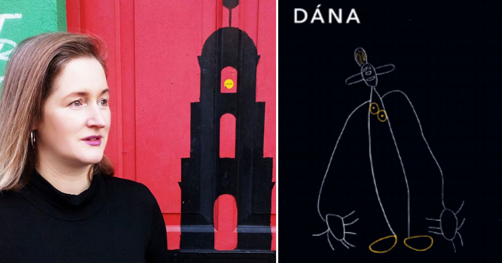 Split screen with two images. On the left, photograph of poet Julie Goo in front of a red door with a silhouette of a tower. On the right, the cover of Julie's latest book Dána.