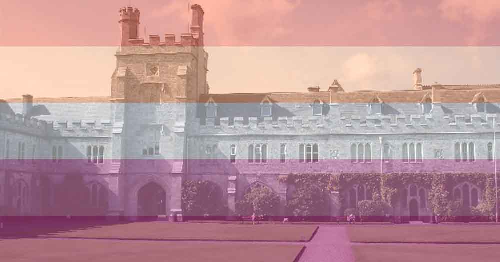 UCC to host the 25th Lesbian Lives Conference on March 4 and 5, 2022. The photograph shows the Quad at UCC overlaid with the colours of the lesbian flag.