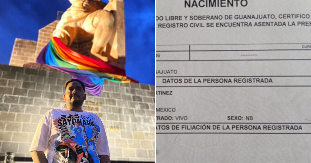 Left: an image of Fausto Martínez, Right: a scan of the first non-binary birth certificate in Mexico