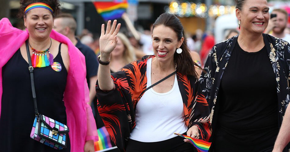 New Zealand Prime Minister Jacinda Ardern marches in Auckland Pride as the country bans conversion therapy.