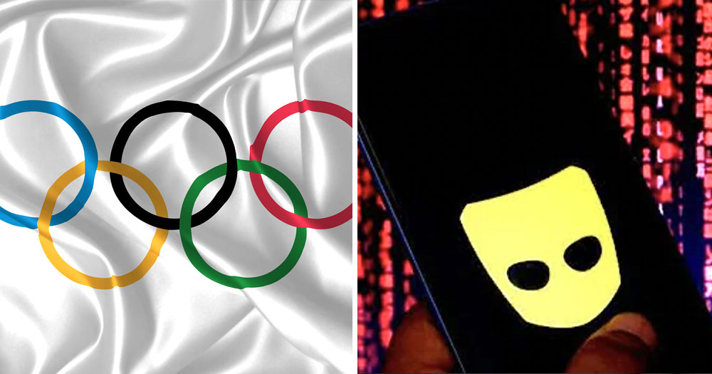 Split screen: Olympic flag with five interlocked rings (left), close up of a phone with LGBTQ+ dating app Grindr logo on it (right).