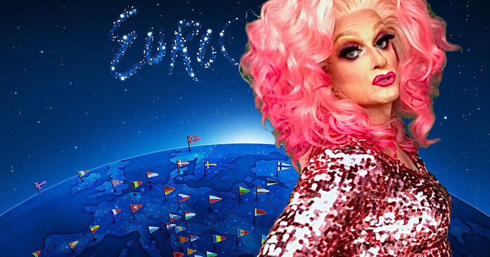 Photoshopped Image of drag queen Panti Bliss wearing a pink sparkly dress and pink wig, superimposed in front of an image of the top of a globe in blue with different European flags and the word Eurovision written in stars behind her head.