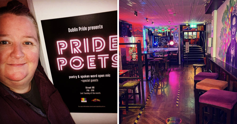Split screen: Sonya Mulligan with Pride Poets poster (left), interior of Street 66 (right)