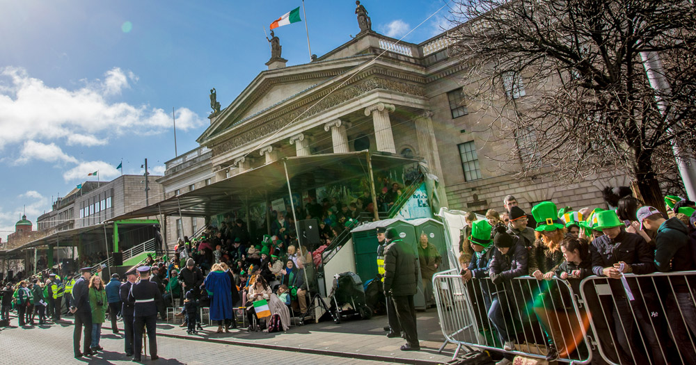 Crowds dressed in green for Saint Patrick's Day gathered outside the GPO to watch the parade.