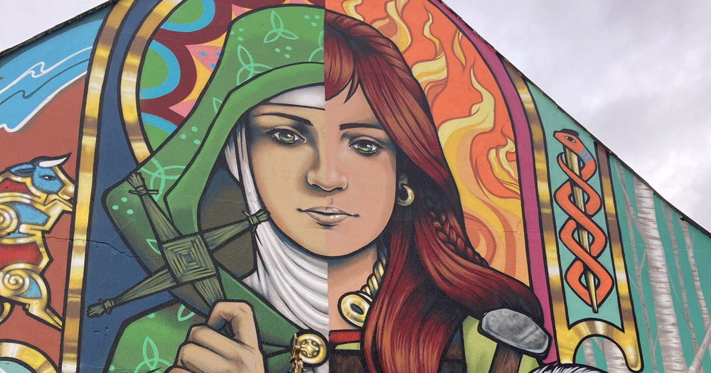 A mural of St Brigid on the side of a building in Dundalk