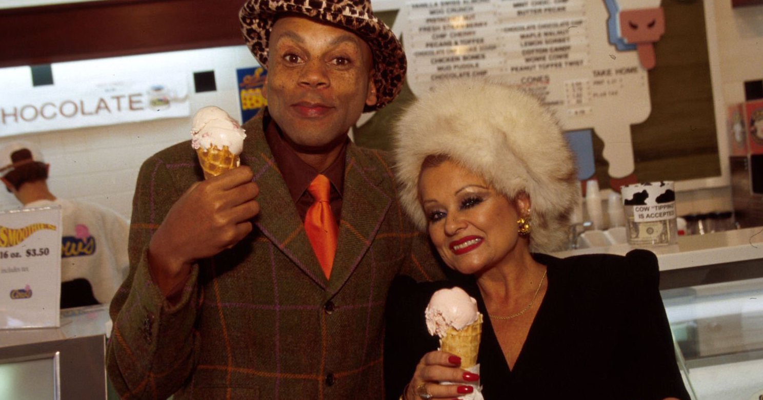 RuPaul and Tammy Faye Messner pose with ice-cream cones.