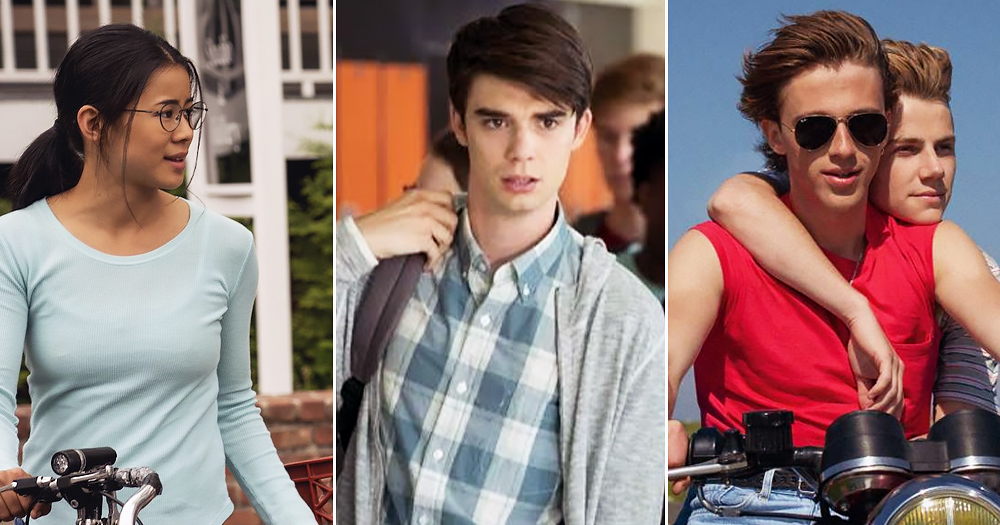 Three frames from LGBTQ+ romantic movies The half of It, Alex Strangelove and Summer of 85.