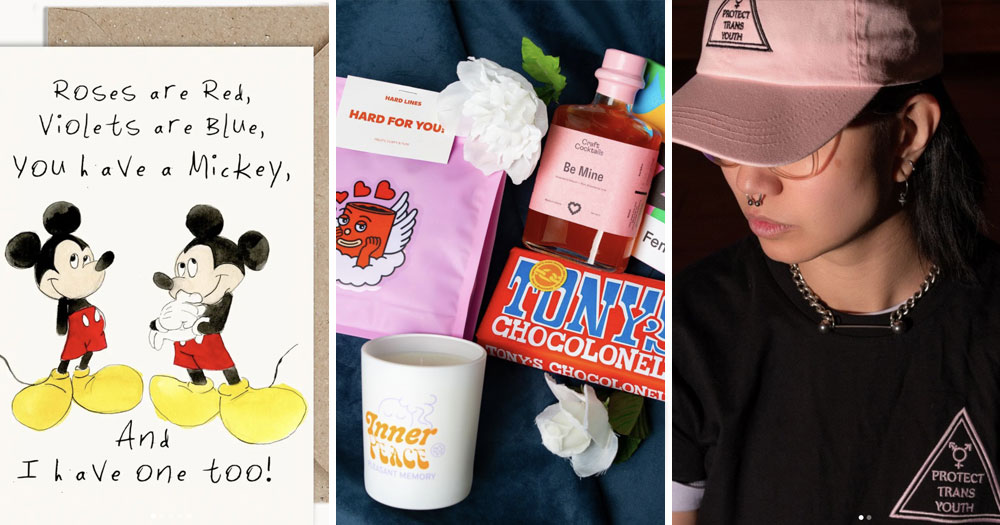 Split screen of Valentine's Day gift ideas for 2022: WeirdWatercolours funny card, hamper from Hen's Teeth and merch from GCN store