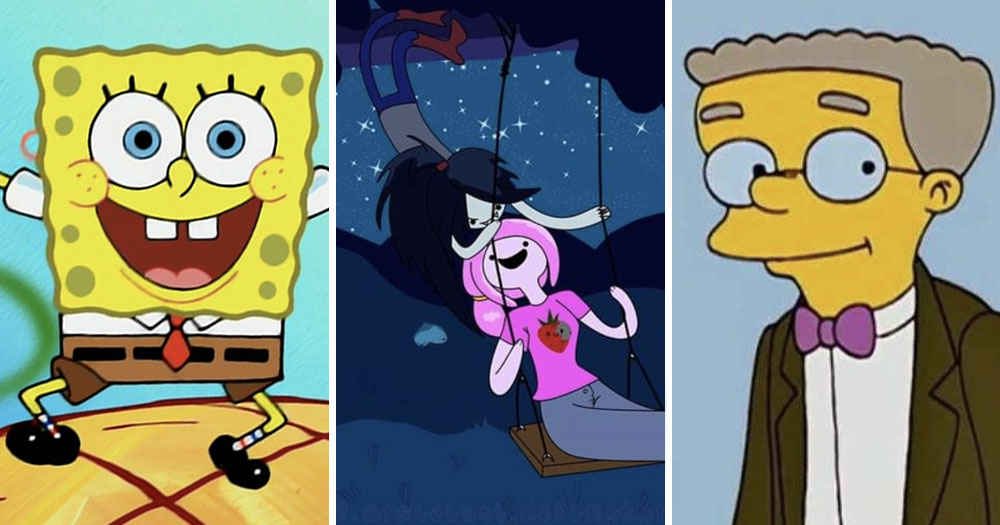 Split screen of the best LGBTQ+ animated characters on TV: Spongebob Squarepants (left), Marceline and Princess Bubblegum (centre), Waylon Smithers (right)
