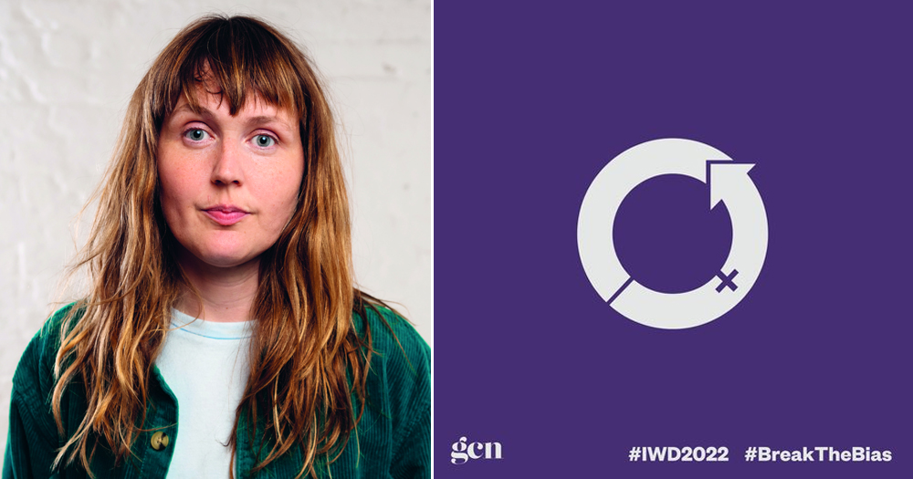 Splitscreen of International Women's Day logo and a serious looking woman