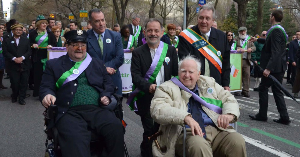 To mark the entry of LGBTQ+ group in the Bronx St Patrick's Day parade, the photogrph shows the Lavender and Green Alliance on 5th Ave at the New York City St Patricks Day parade- March 17, 2016 from L to R Gene Walsh, Jeff Conway, Brendan Fay, Malachy McCourt, Danny Dromm.