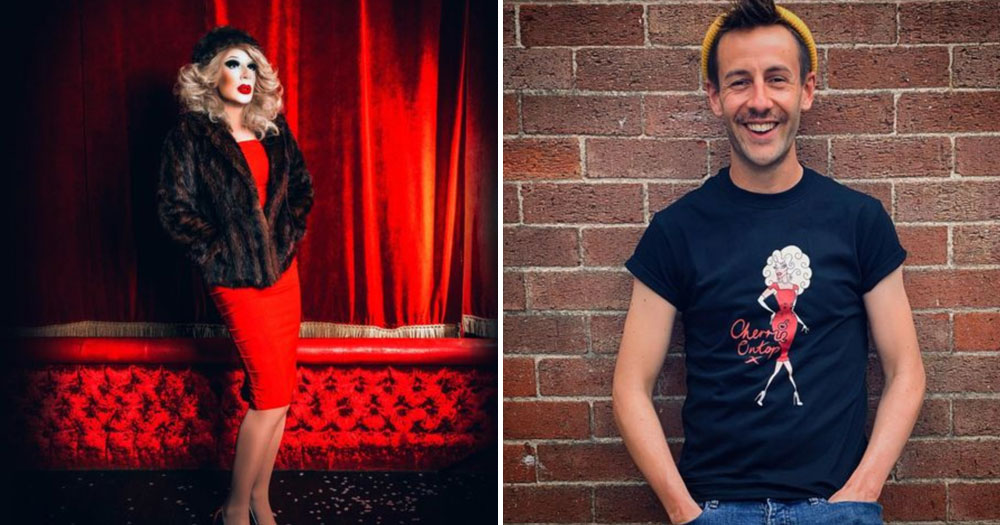 Split screen image of Matthew Cavan aka Cherrie Ontop who will take to the Abbey Theatre stage to star in Abomination: a DUP Opera. On the left is the drag alter ego Cherrie Ontop a red knee high dress and a fur jacket and hat. She is standing in front of a red curtain in a cabaret stage setting. On the left is Matthew wearing a tshirt of cherrie. He is standing in front of a brick wall smiling.