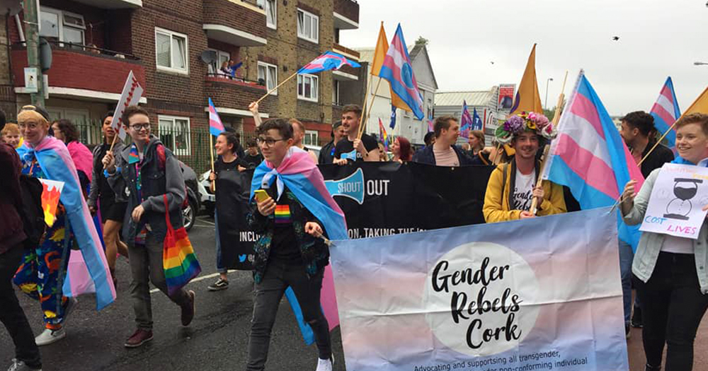 Activist group Gender Rebels marching in Cork, where libraries are offering a service for Transgender Visibility Day.