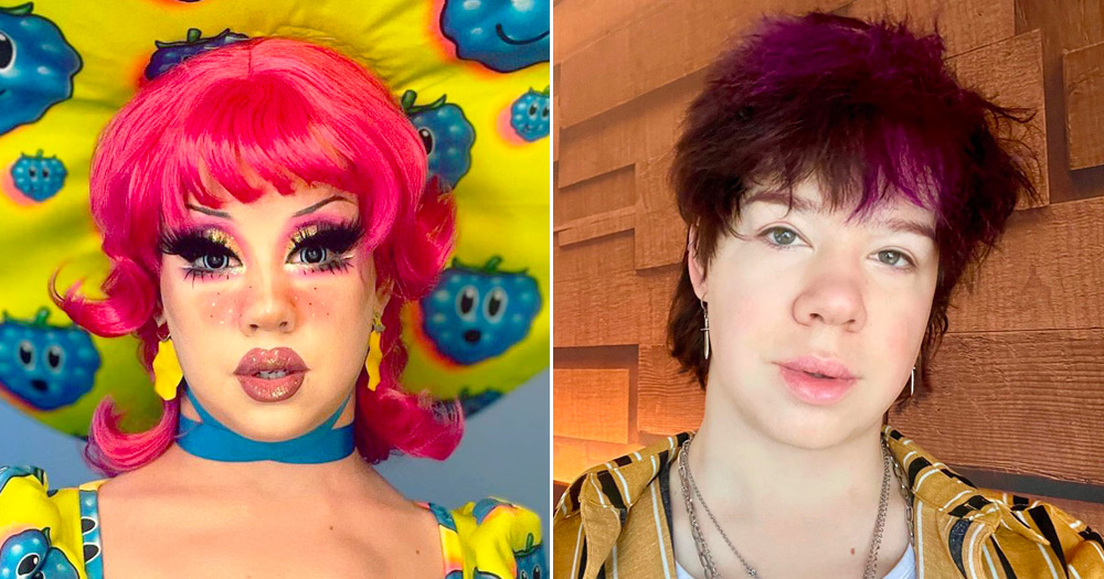A split screen of a drag queen and the Trans woman out of drag