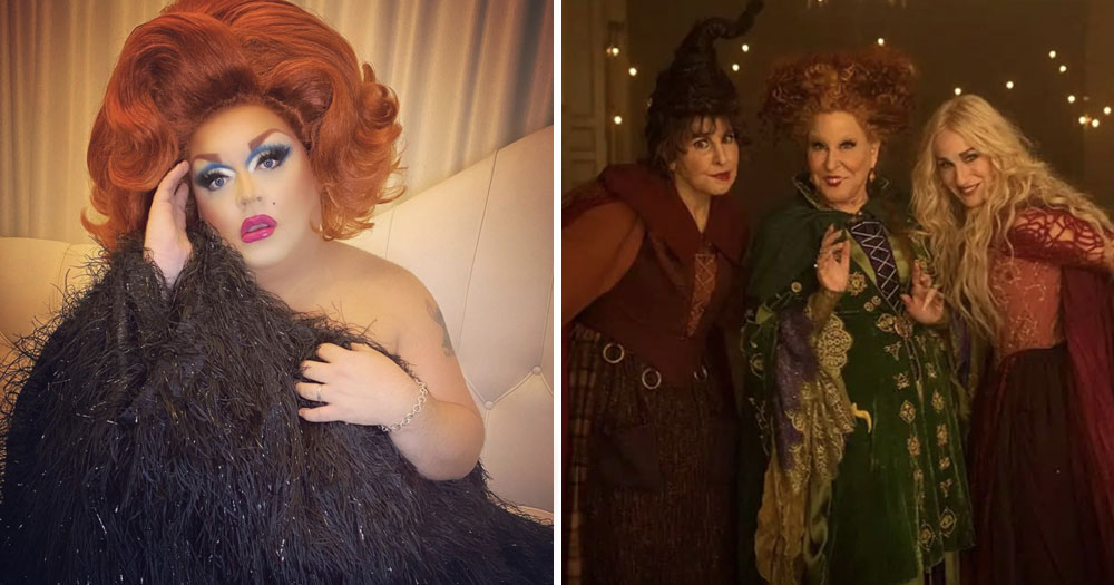Split screen: Drag queen Ginger Minj (left) and Sanderson sisters from Hocus Pocus (right)