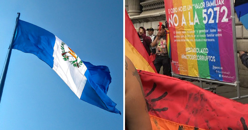 Split screen: Guatemala flag against a blue sky (left), LGBTQ+ pride festival in Guatemala (right)