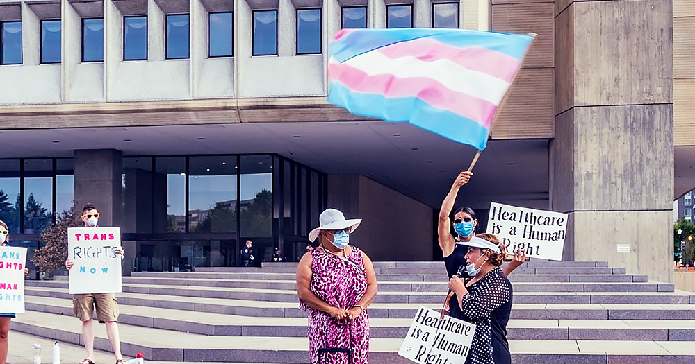 People protesting for Trans rights carrying signs and a Trans flag. In Hawaii, a bill for gender-affirming care was passed.