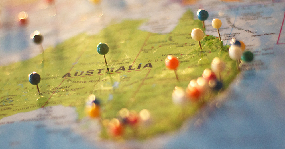 A map of Australia with pins marking key cities such as Melbourne.