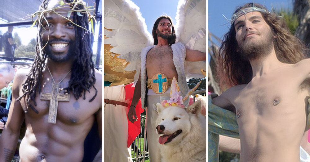 Split screen of three contestants from Hunk Jesus Contests over the years