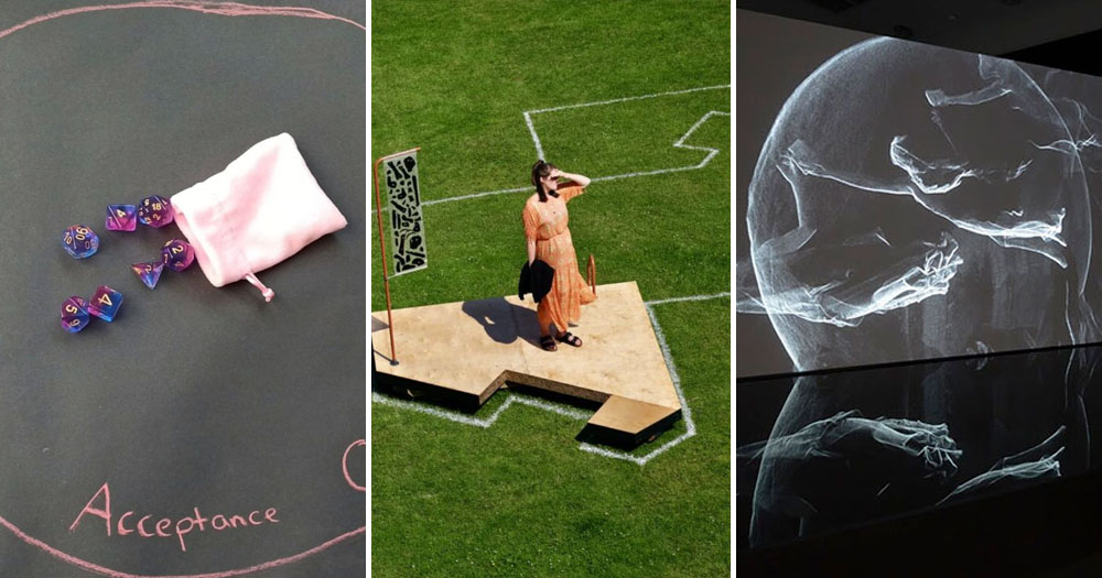 New queer art at IMMA for it's 2022 programme. The photograph shows a three way split screen. The image on the left shows a pink bag with colourful dice on a sheet of black paper. The middle image shows a woman standing on a wooden platform in the middle of a field. The image on the right shows a projection of what appears to be smoke.