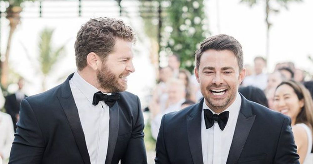 Jonathan Bennett (right) and husband Jaymes Vaughan (left) moments after their wedding ceremony