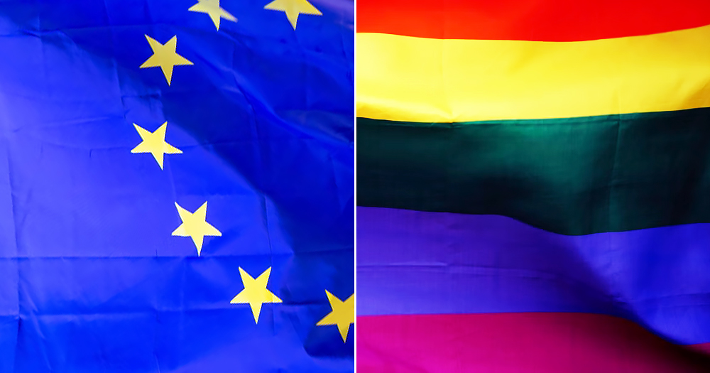 Split screen of a EU flag and a rainbow flag. This article is abut LGBTQ+ rights in the EU Enlargement process.