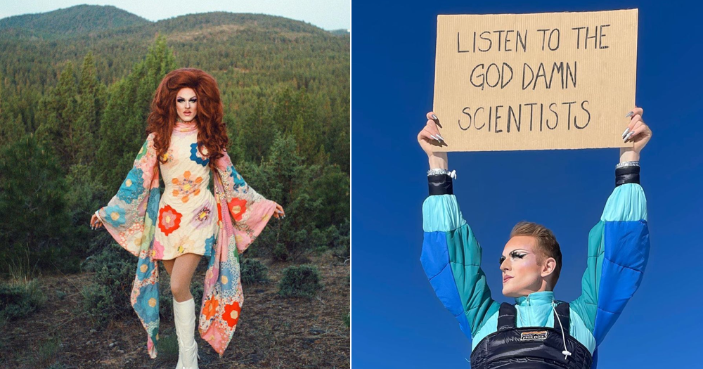 Images of drag queen Pattie Gonia in nature, and holding a sign saying "LISTEN TO THE GOD DAMN SCIENTISTS".