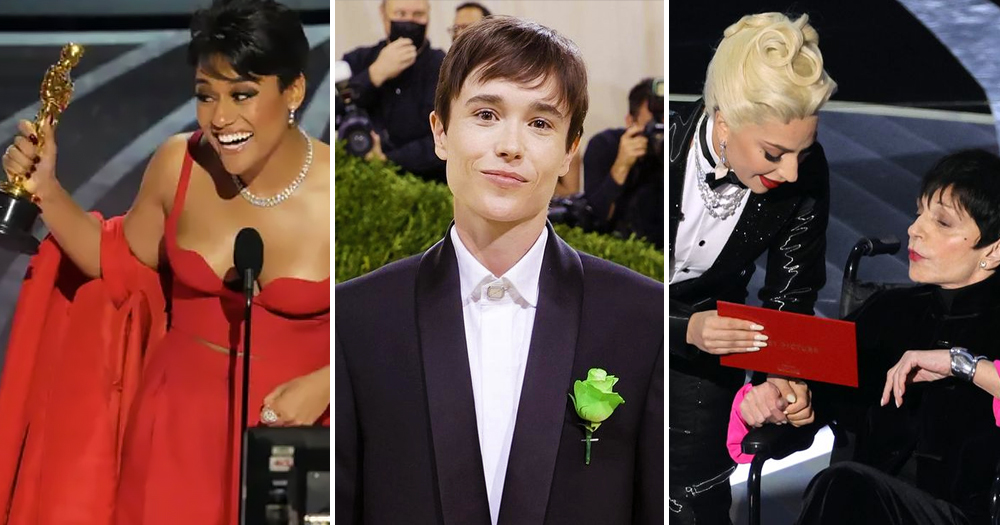 Split screen of Oscars 2022 LGBTQ+ winners and guest hosts. Ariana De Bose with her award (left), Elliott Page (centre) and Lady Gaga and Liza Minnelli on stage (right)
