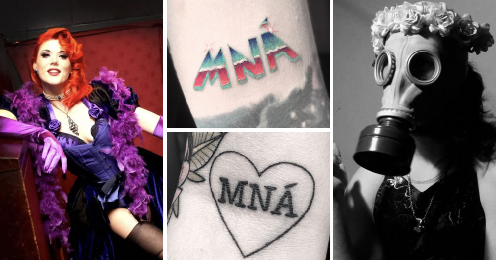 Split screen of queer events happening in March: red-haired burlesque dancer wearing purple (left), two samples of Mná tattoos on forearms (centre) and person wearing a gas mask from a club night poster (right)
