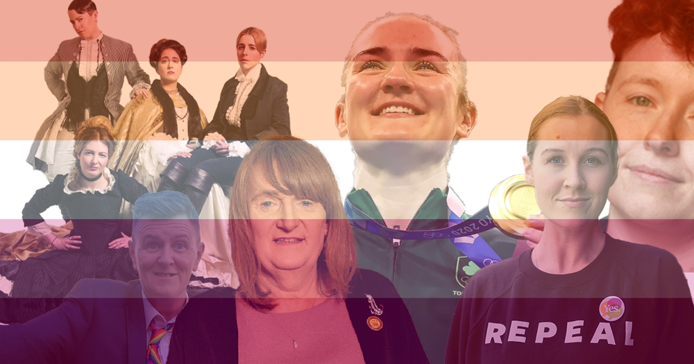 A collage of Ireland's lesbian trailblazers, overlayed by the lesbian flag.