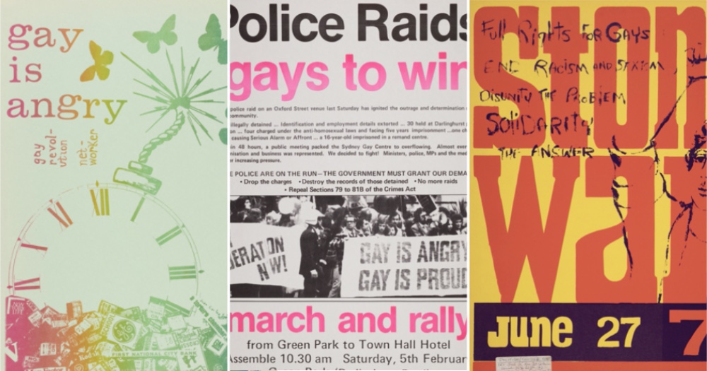 Split screen of protest posters coming from the Days of Rage exhibition, with slogans such as "Gay is angry", "Police Raids: Gays to win", and "Stonewall".