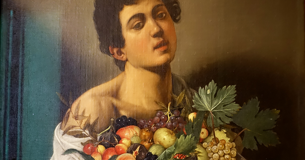 A painting of a youth with a fruity basket.