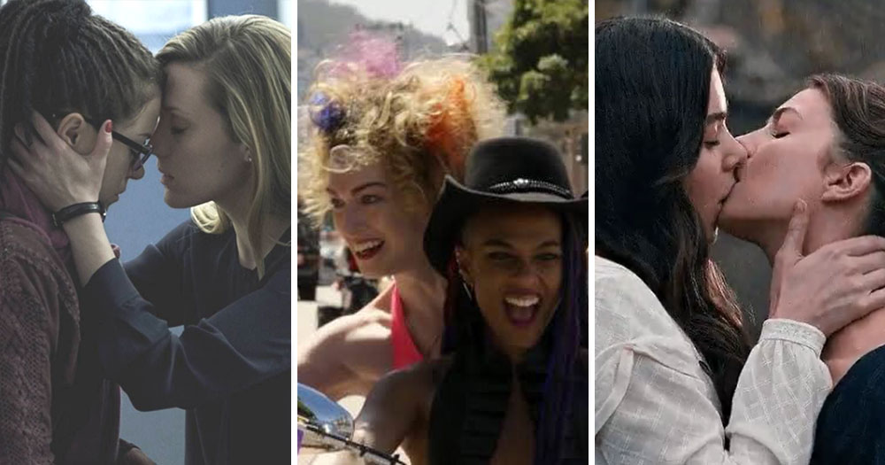 A split screen with lesbian characters from TV shows Orphan Black, Sense8 and Dickinson.