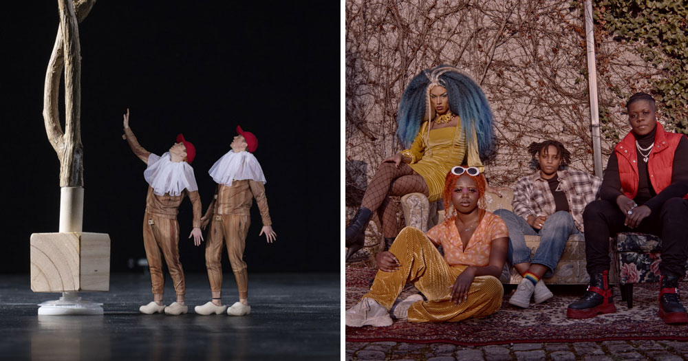 Stills from two acts of Live Collision 2022 Festival: The Making of Pinocchio (left) and House of Origin (right)