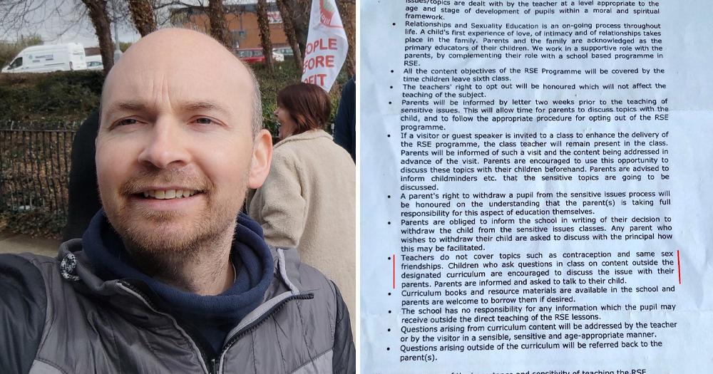 Left: Image of PBP TD Paul Murphy, Right: RSE Programme document issued by Wicklow school