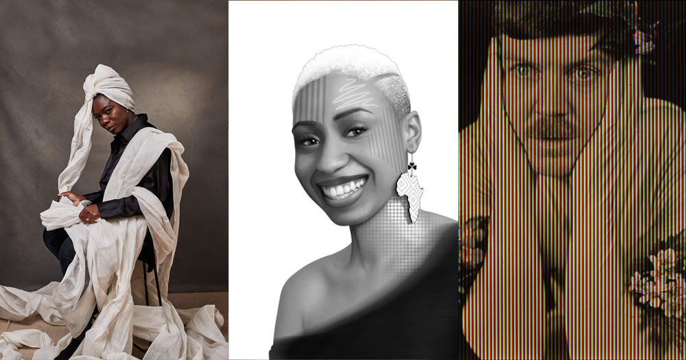 Three pieces of queer art showing in Offaly this month. Far left, a photograph or a black woman with a white sheet wrapped around her head and her body. Middle, a sketch of a black woman smiling against a stark white background. Far right, a sepia tones photograph with vertical lines run across it. The photograph is of a man resting his face on his hands with a flower in his hair.