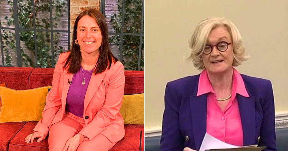 A split screen of two members of the Committee on International Surrogacy. On the left is Senator Lynne Ruane wearing a salmon coloured suit with a mauve top. On the right, Senator Sharon Keogan wearing a purple blazer with a bright pink blouse.