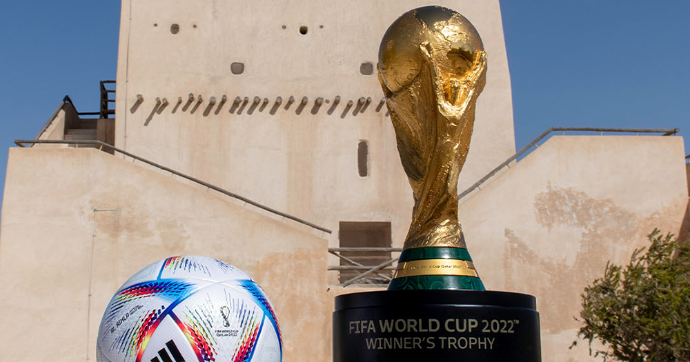 The official ball and trophy of the 2022 Qatar World Cup.