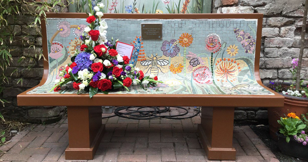Coronation Street's tribute bench for Martyn Hett and other Manchester bombing victims.