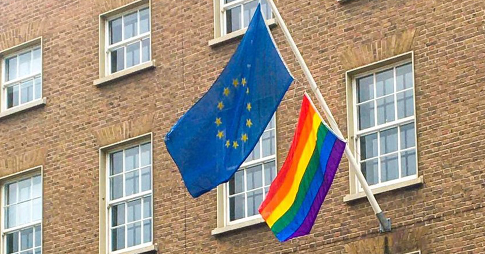 Europe and Pride flags hanging at the European Parliament Liaison Office in Ireland.