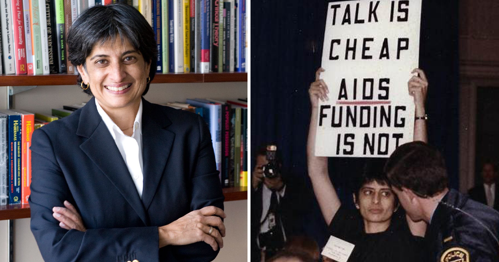 Two images of Urvashi Vaid, one posing and smiling, the other holding a protest banner.