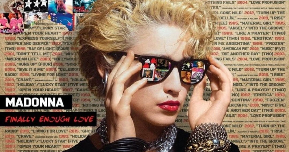 an image of Madonna's Finally Enough Love album cover. She is wearing sunglasses and surrounded by the names of each title of her songs from over the years.