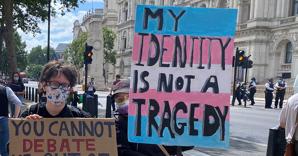 Pro-Trans banner at a protest, with similar sentiment to the Rainbow Wall.