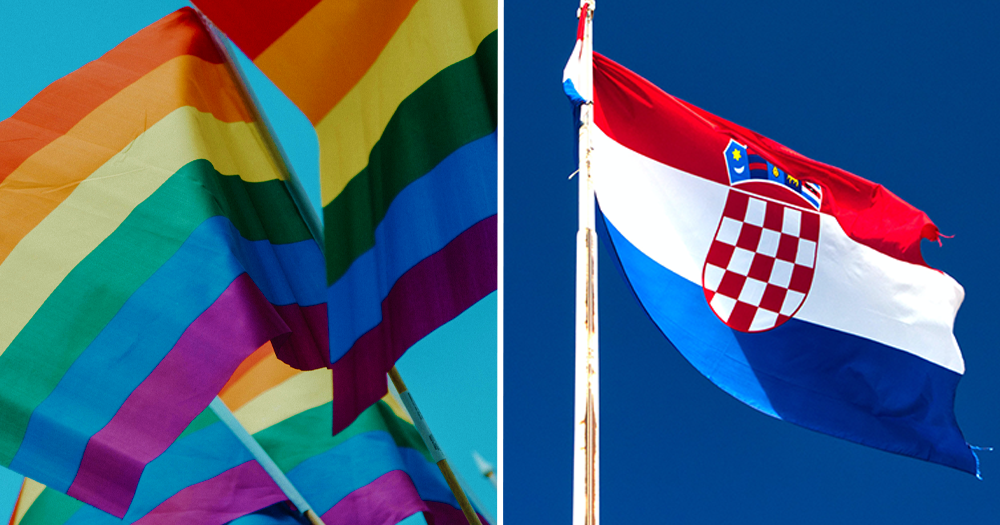 Split screen: rainbow flags (left), flag of Croatia (right)