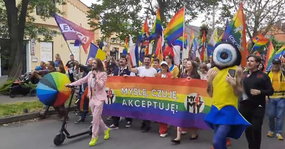 People marching in the Pride march held in a small town in Poland.