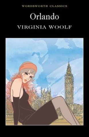 Cover of Orlando, one of our necessary queer reads. Cover is a drawing of a woman sitting in front of a tall building.