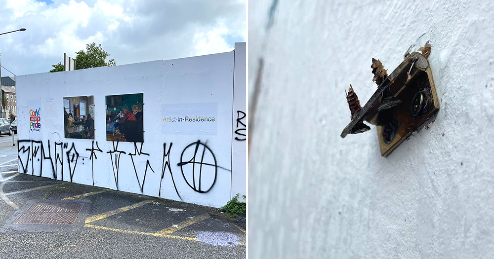 Split screen image: A white building's outer wall with black graffiti and two paintings mounted on it (left); A close-up image of a hinge with screws sticking into the air where a painting used to be before being taken in Friday’s art theft (right)
