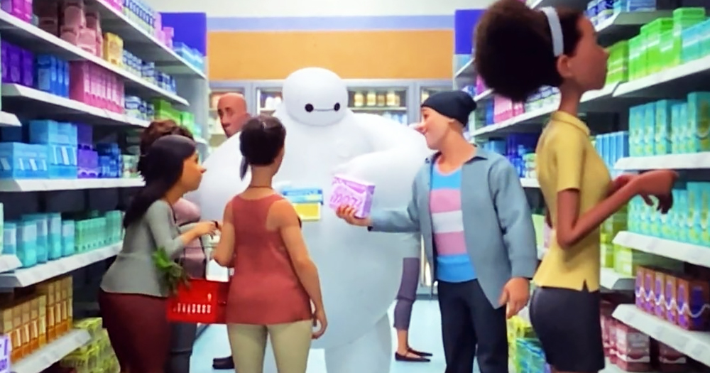 A scene from series Baymax!, where a Trans character gives advice on menstrual pads.