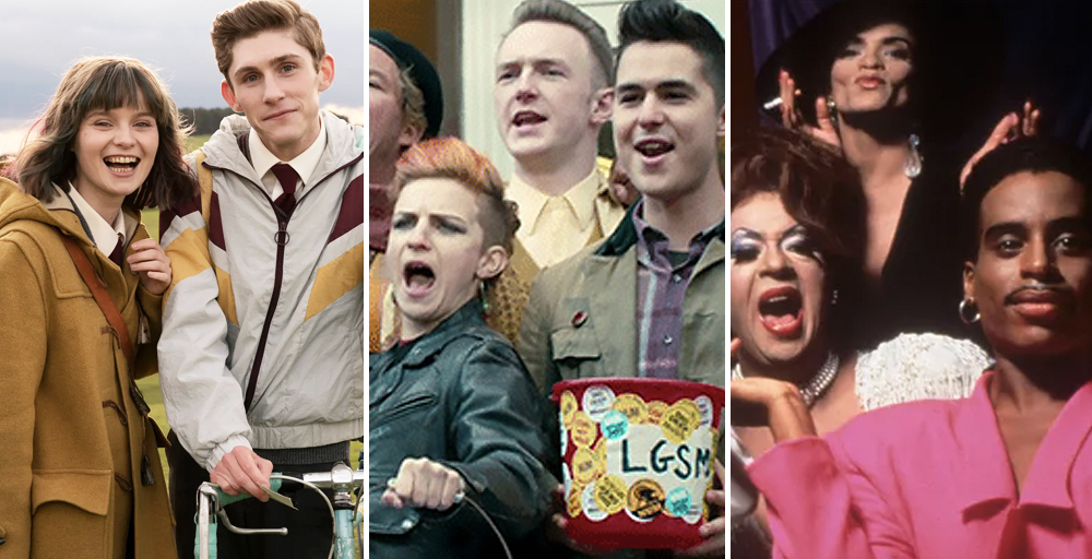 Split image of three queer films to celebrate during Pride. On the left are characters from Dating Amber, the middle shows the cast of Pride (2014), and the right is a scene from Paris is Burning.